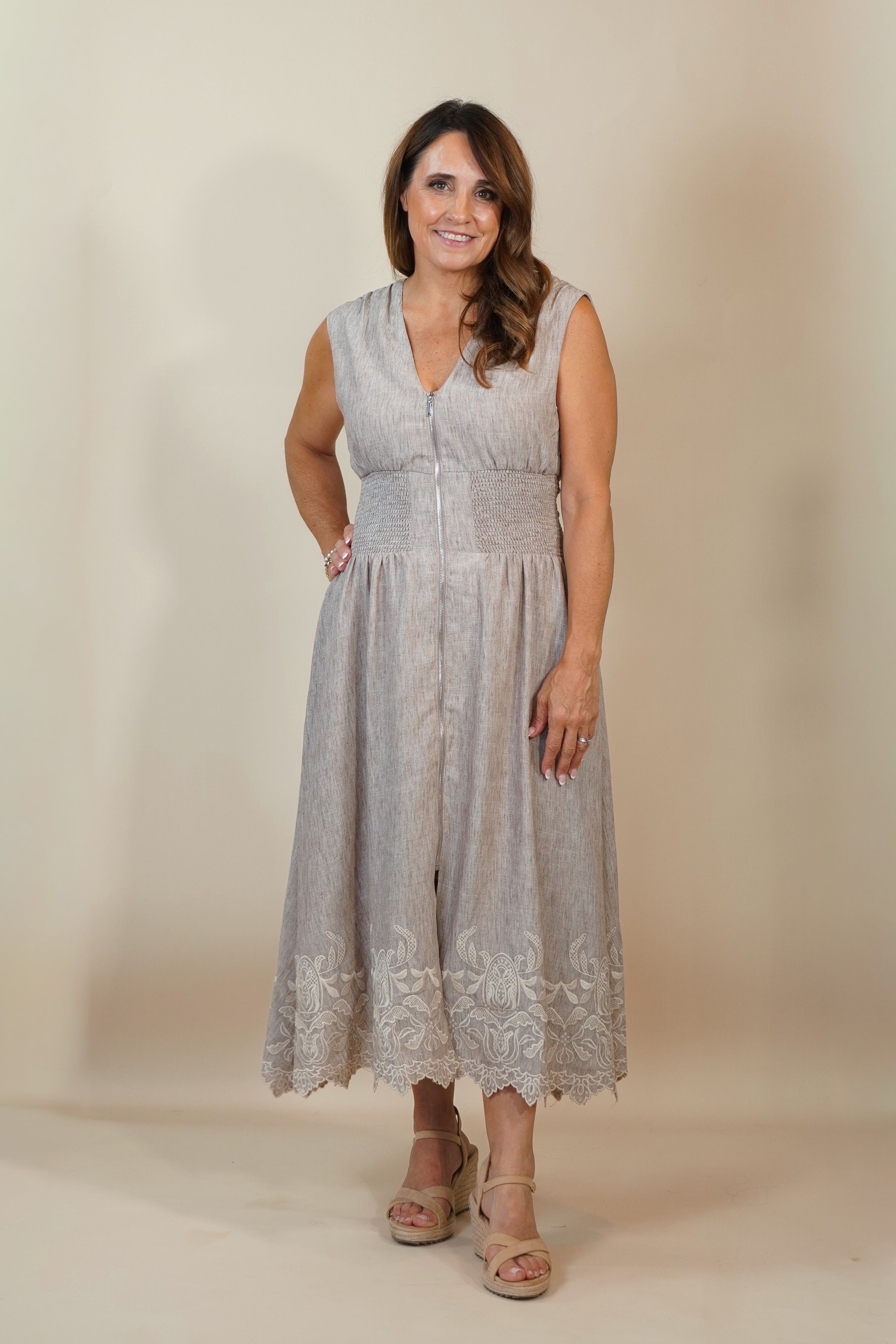 Women's Linen Midi Dress in Taupe