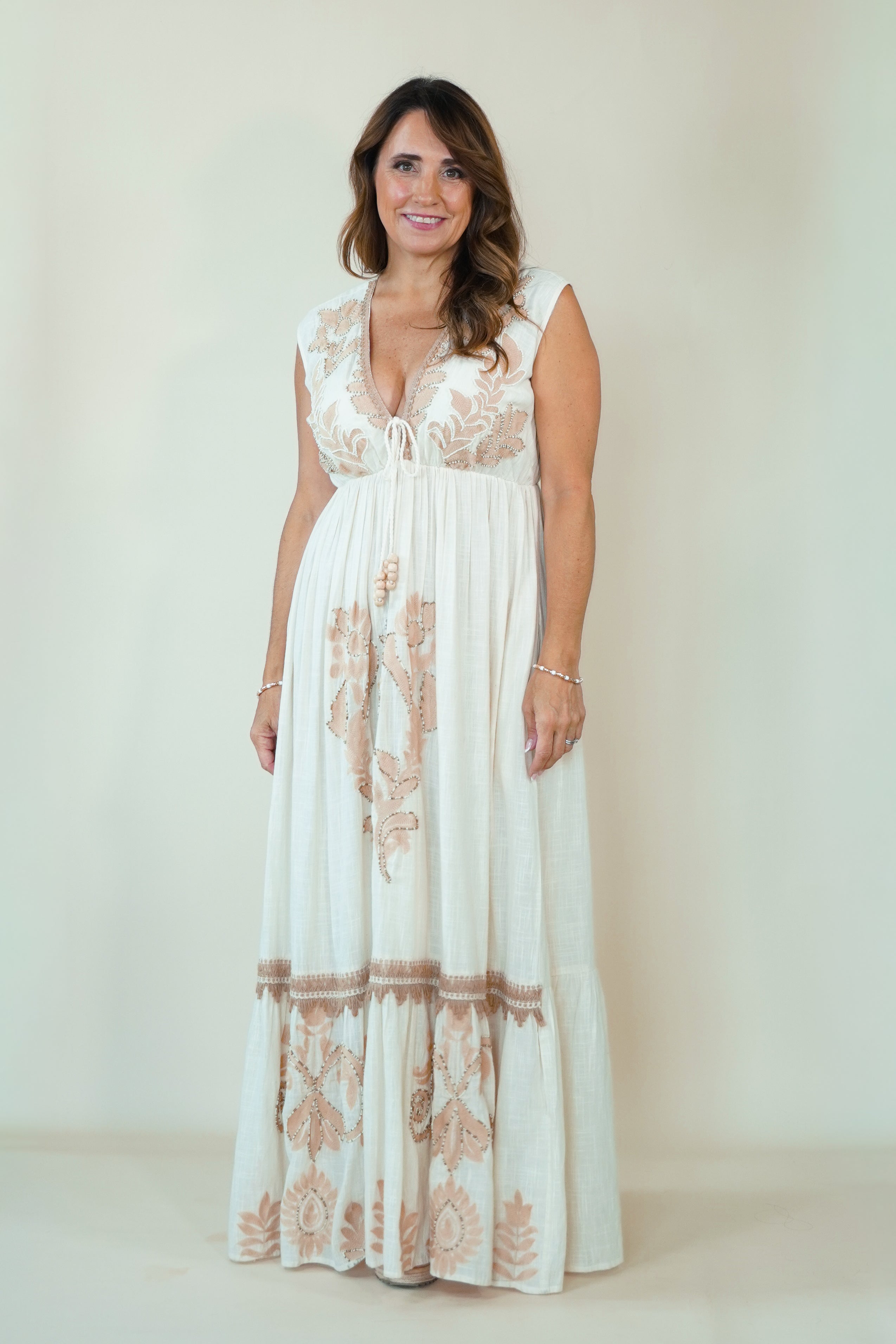 Women's Embroidered Maxi Dress in Ivory