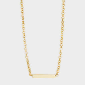 Gorjana Lou Tag Necklace. Go for gold and be anything but plain in this bold chain link necklace. 15" to 16" adjustable chain Bar is approximately 1 1/4" across Lobster claw closure. Available in 18k gold plated brass.