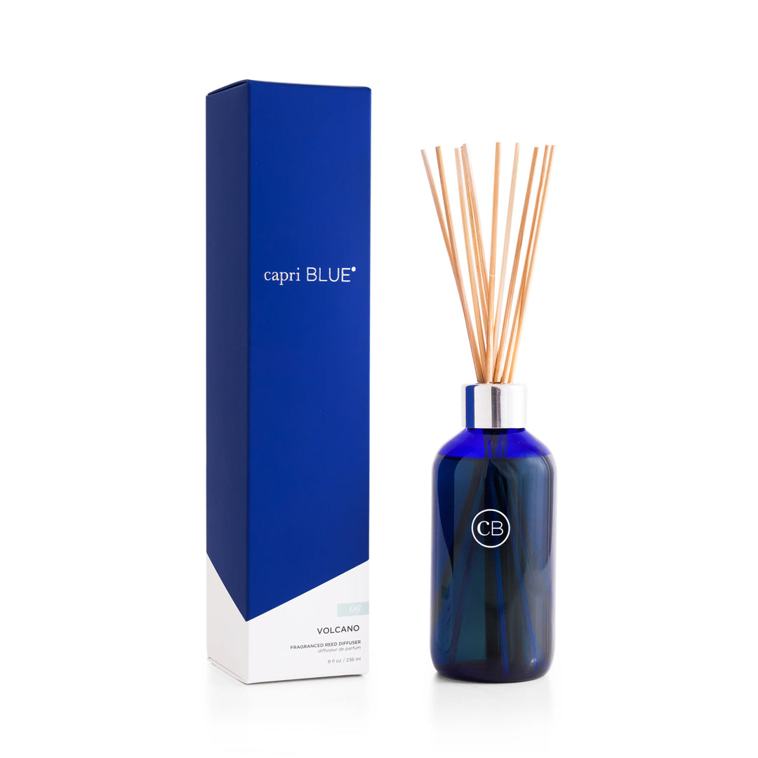 The Capri Blue Reed Diffuser in Volcano scent will fill your home with tropical fruits, sugared oranges, lemons, and limes, redolent with lightly exotic mountain greens. Comes in 8 oz blue signature jar.
