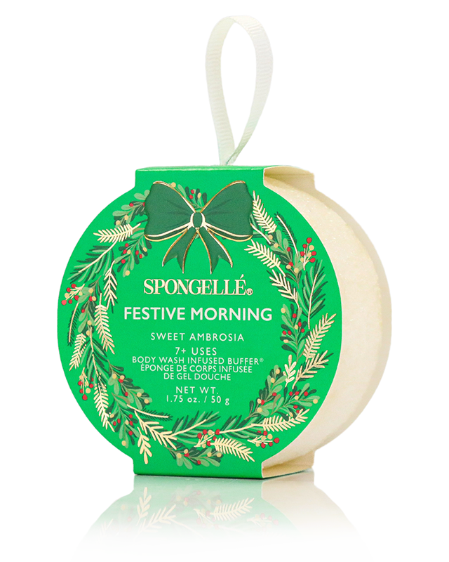 Spongellé festive morning product with green packaging and white background