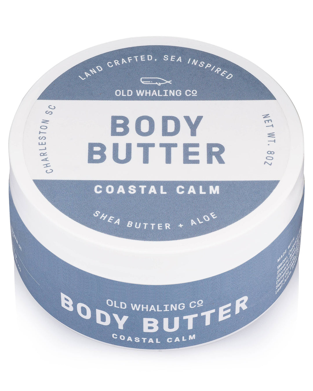 Jar of Old Whaling Co. Body Butter with blue and white label on a white background
