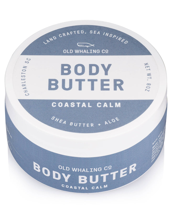 Jar of Old Whaling Co. Body Butter with blue and white label on a white background