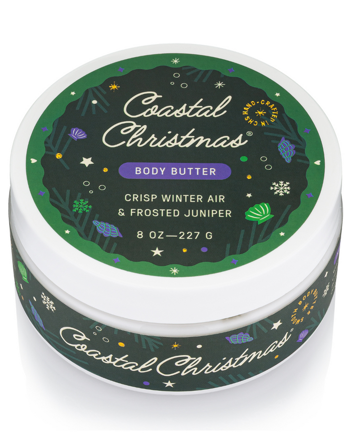Coastal Christmas body butter container with green and white design