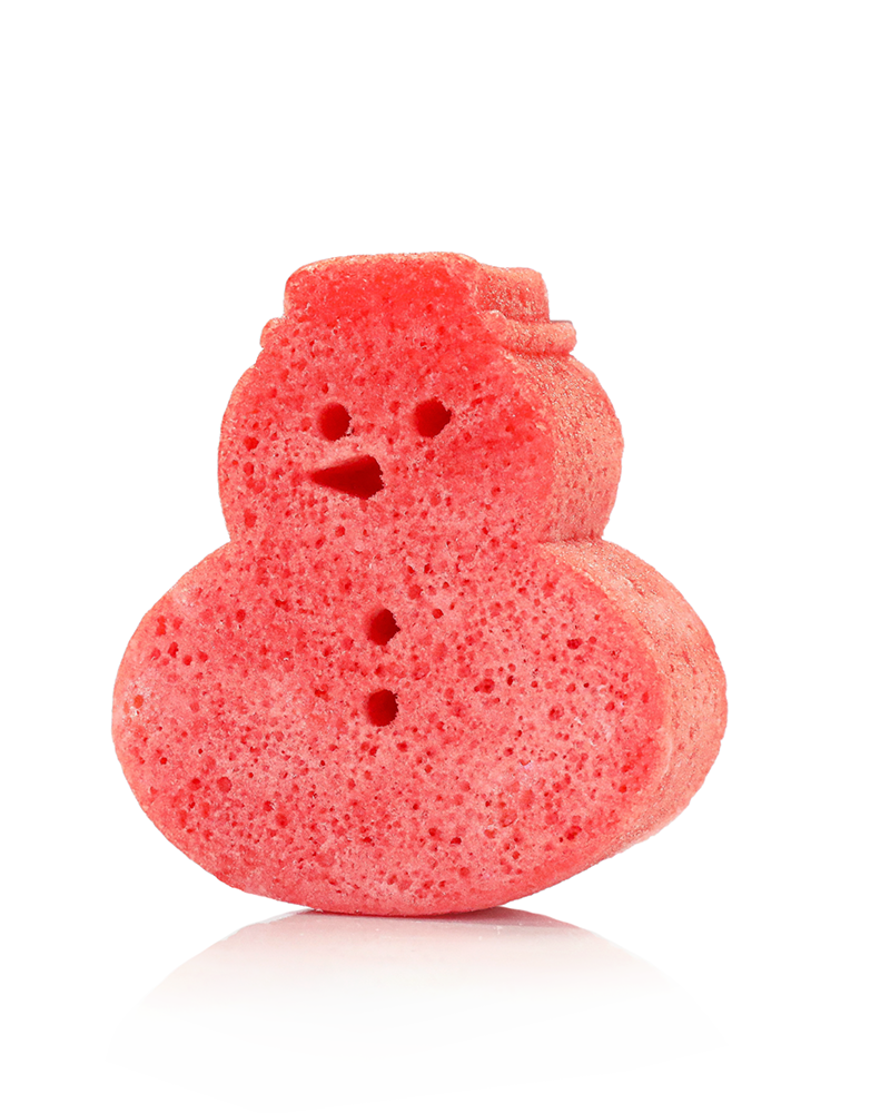 Pink snowman-shaped bath bomb on a white background