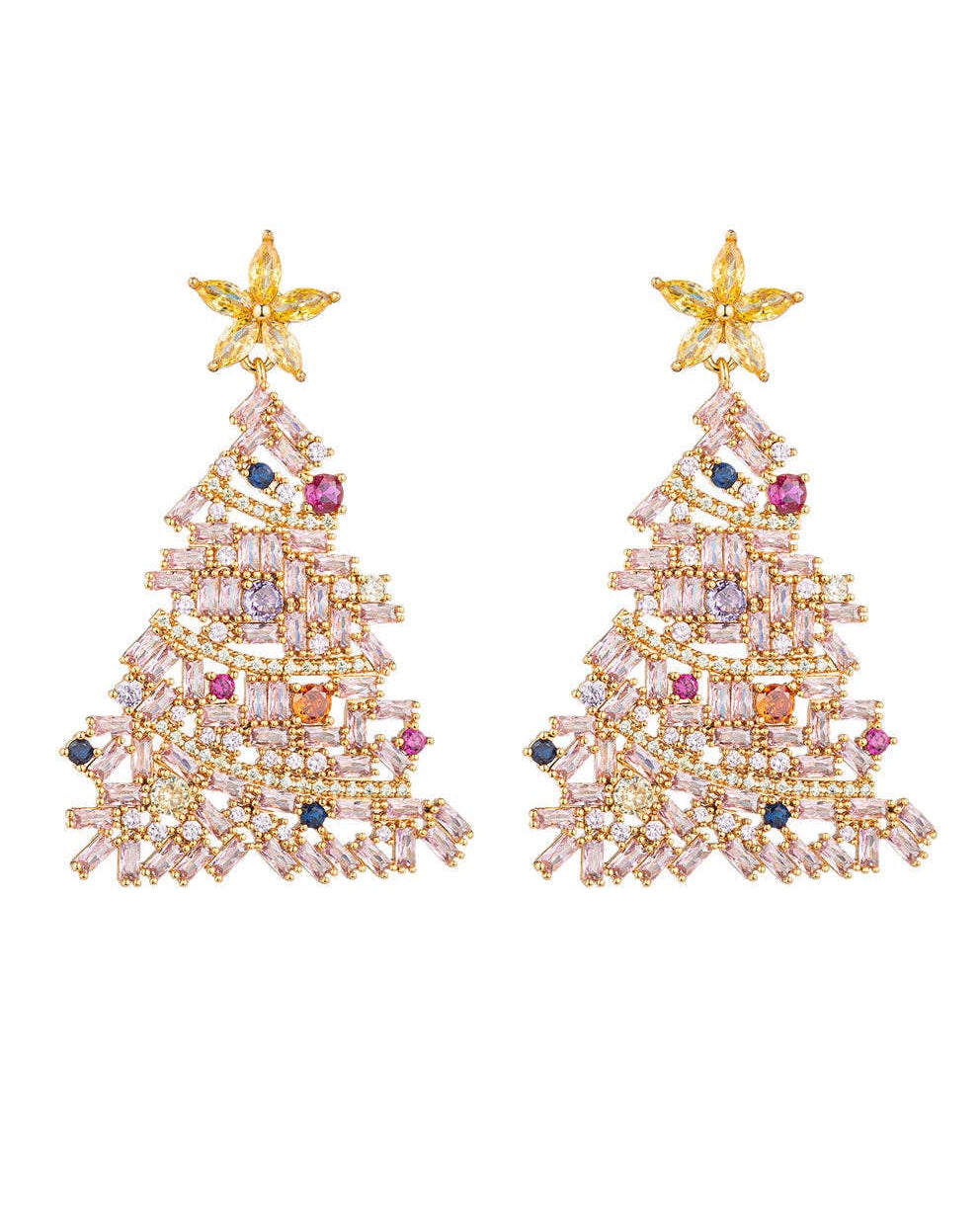 Christmas tree-shaped earrings with star tops on a white background