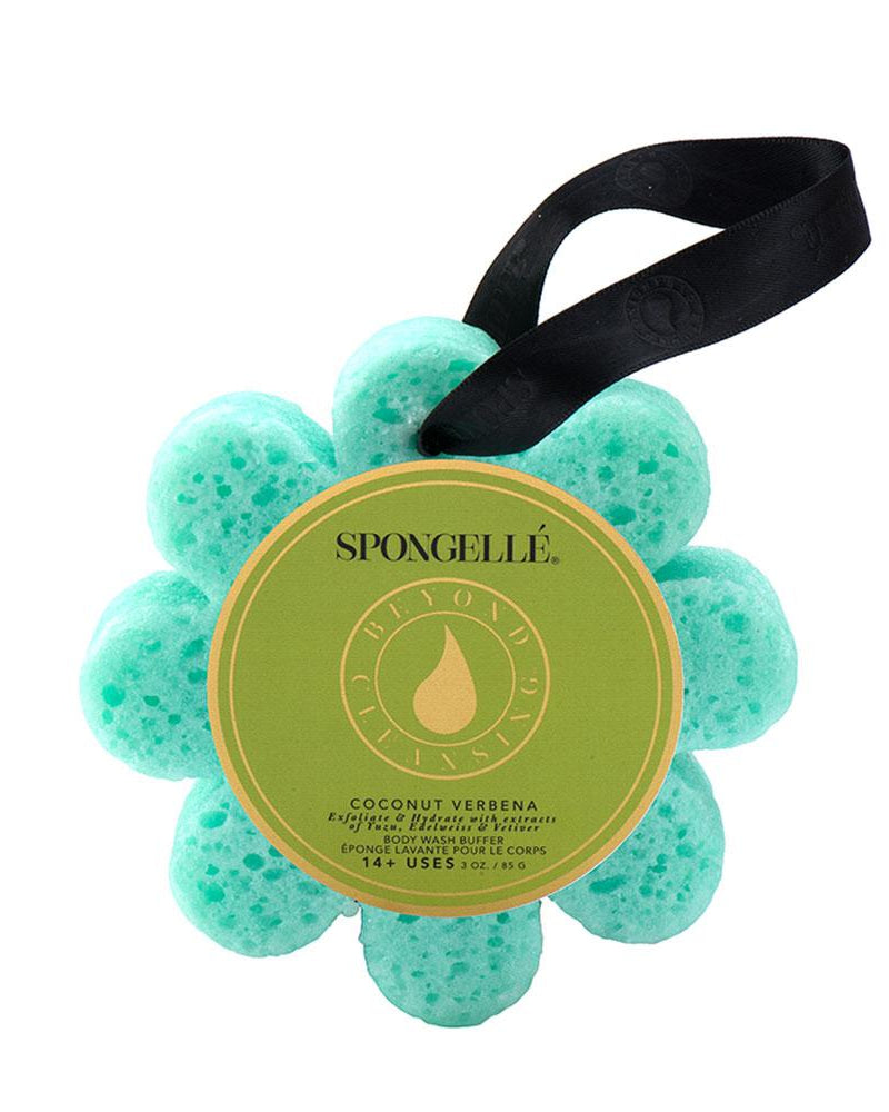 A container of Spongelle Coconut Verbena Wild Flower bath additive with a black label in the center, resembling a flower shape.