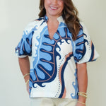 Blue Motif Print Puff Sleeve Top with tank shorts 
