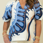 Blue Motif Print Puff Sleeve Top