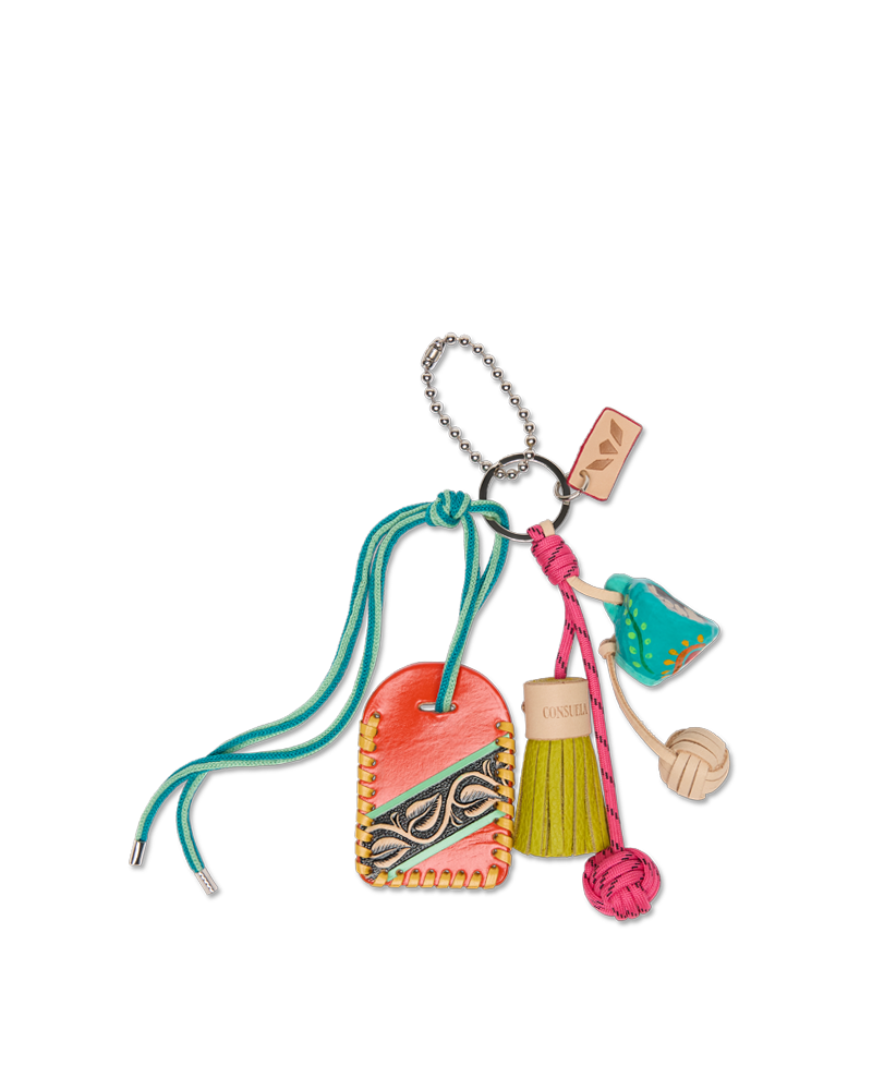 Colorful keychain with heart-shaped charm, tassel, and other decorative elements on a white background
