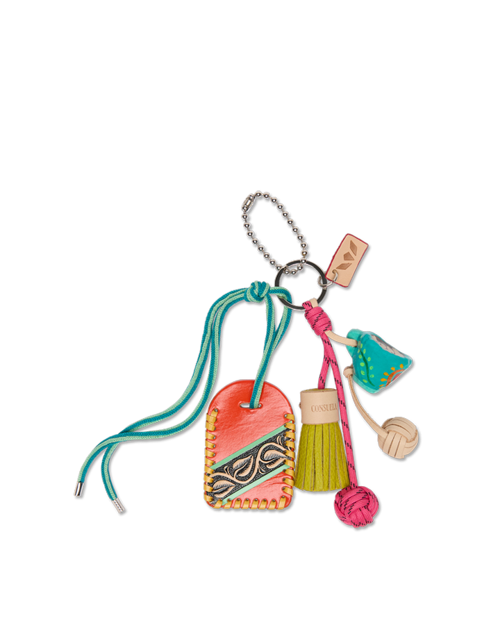 Colorful keychain with heart-shaped charm, tassel, and other decorative elements on a white background