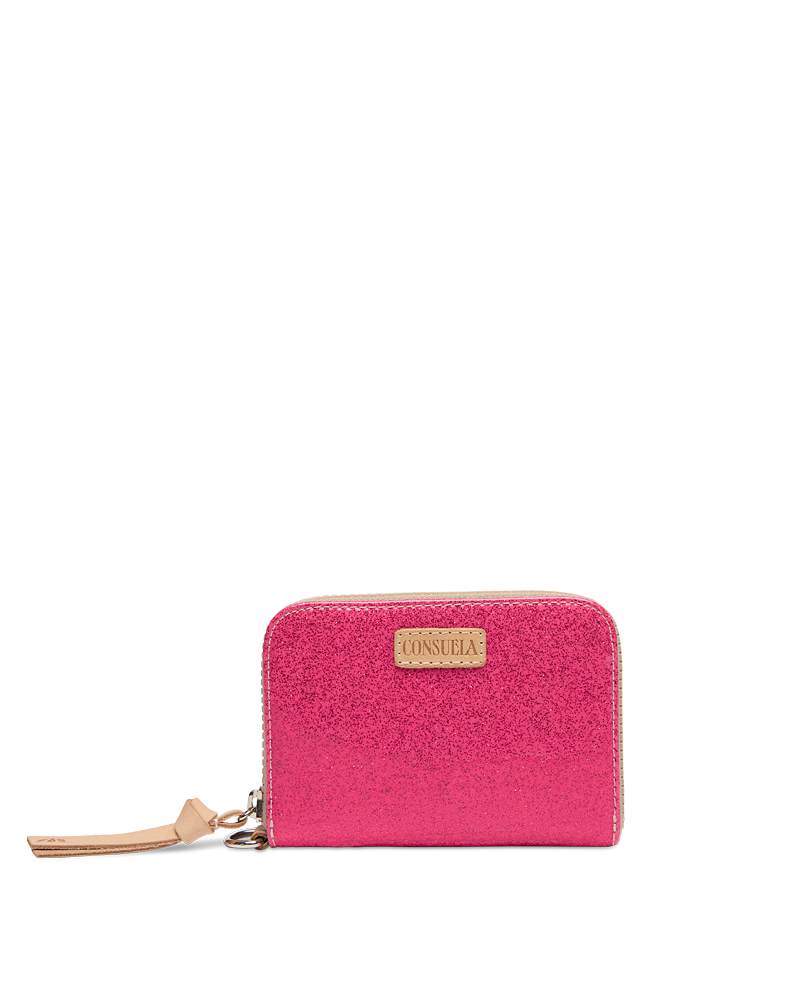 Pink wallet with a gold brand logo on a white background