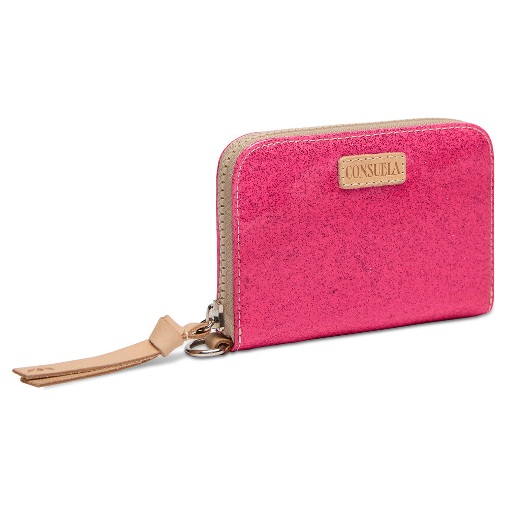 Pink wallet with beige strap and 'Consuela' brand label on a white background