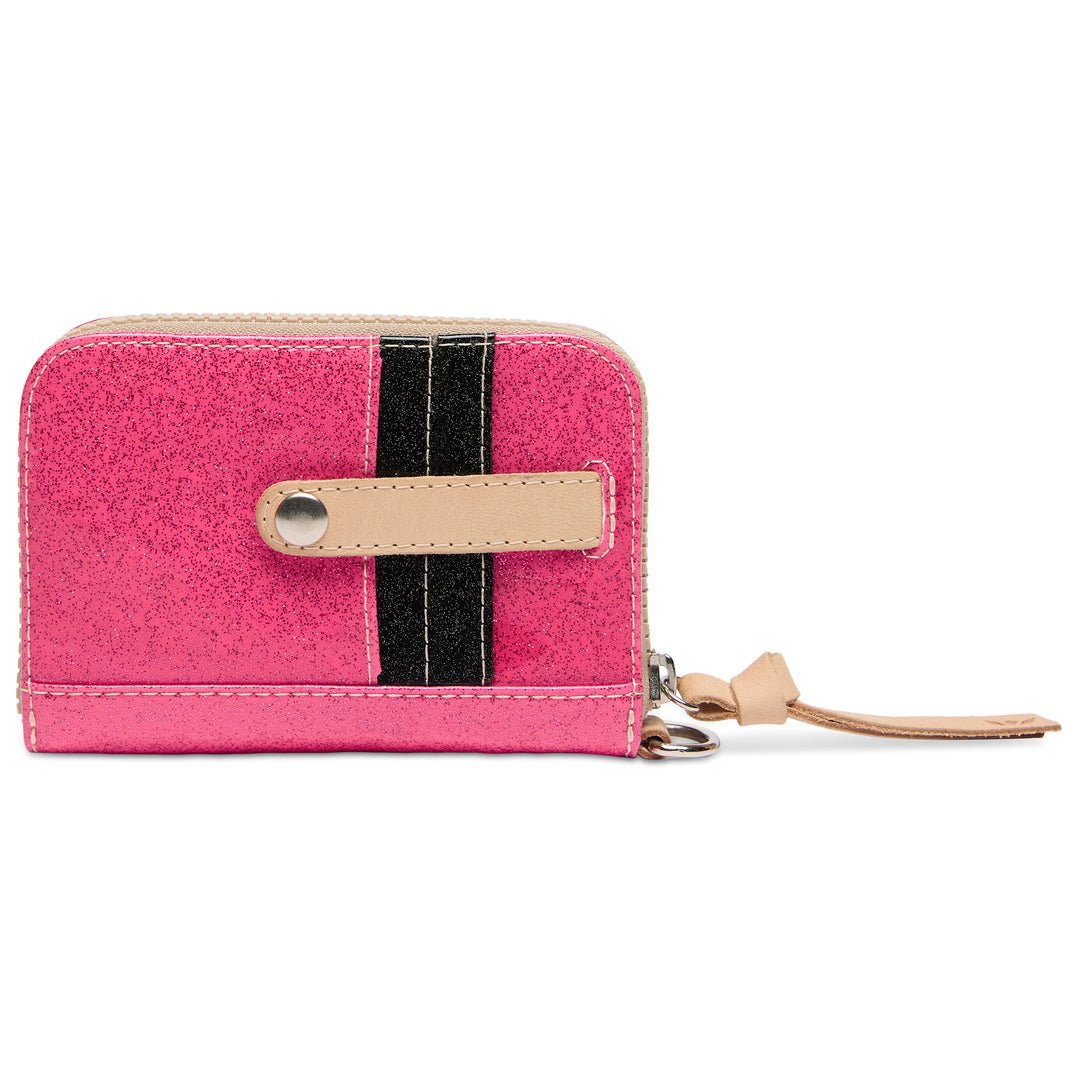 Pink wallet with black stripe and beige accents on a white background