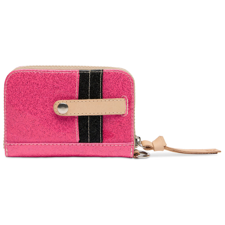Pink wallet with black stripe and beige accents on a white background