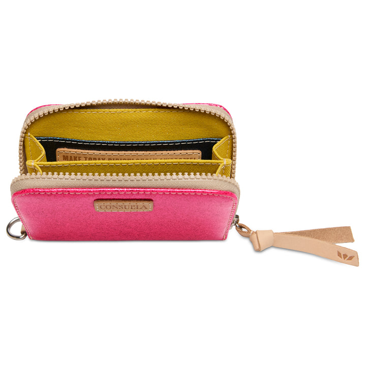 Pink wallet with yellow interior on a white background