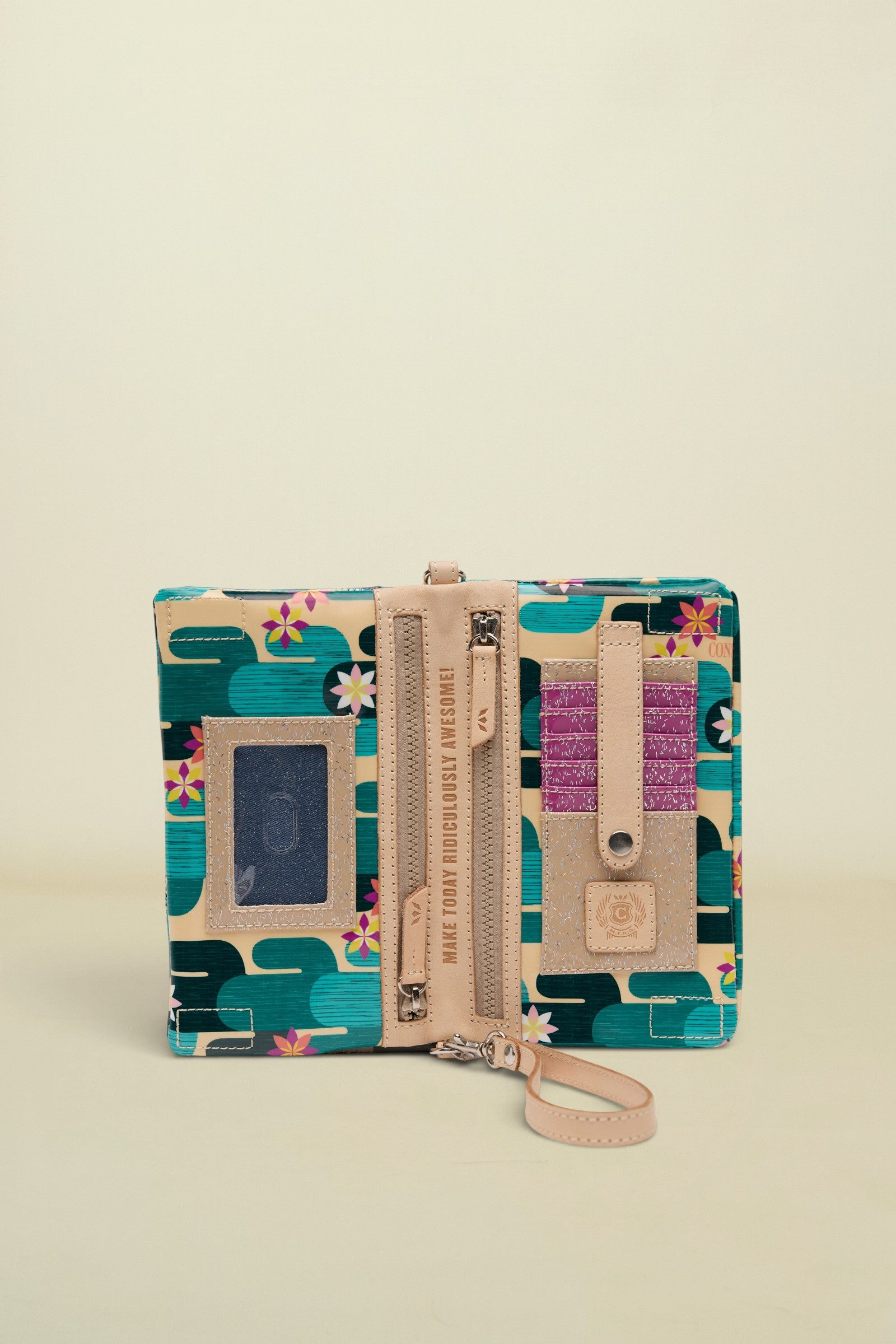 Cactus print wallet with multiple card slots, ID window, and zipper pockets