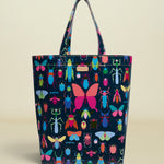 Tote bag with colorful butterfly and insect pattern on a black background