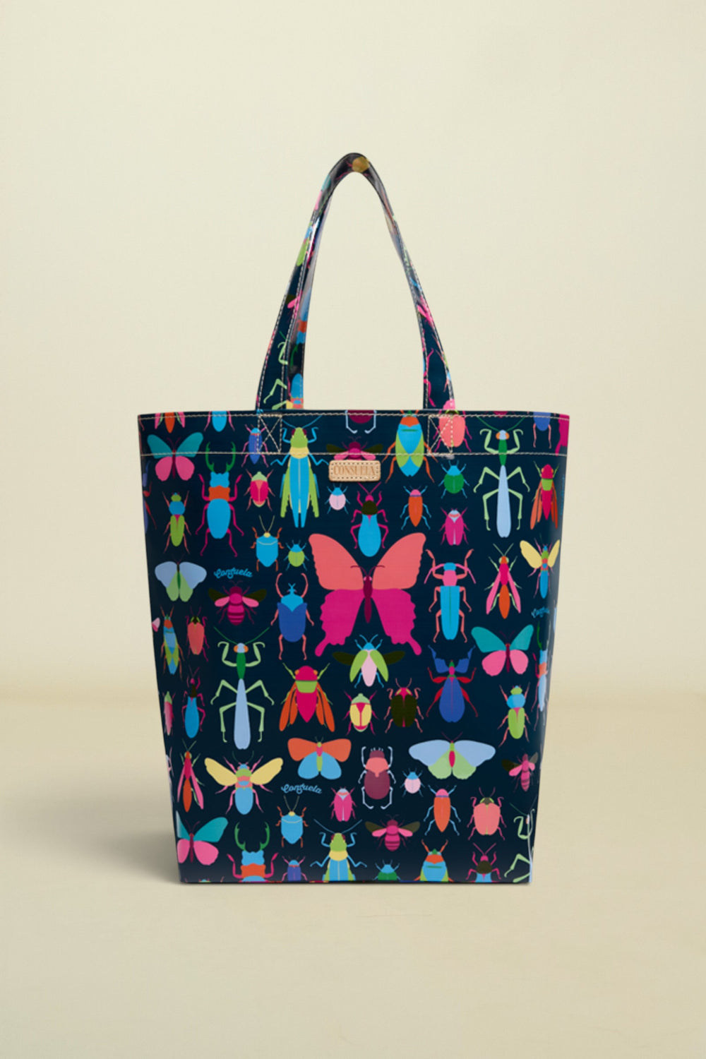 Tote bag with colorful butterfly and insect pattern on a black background