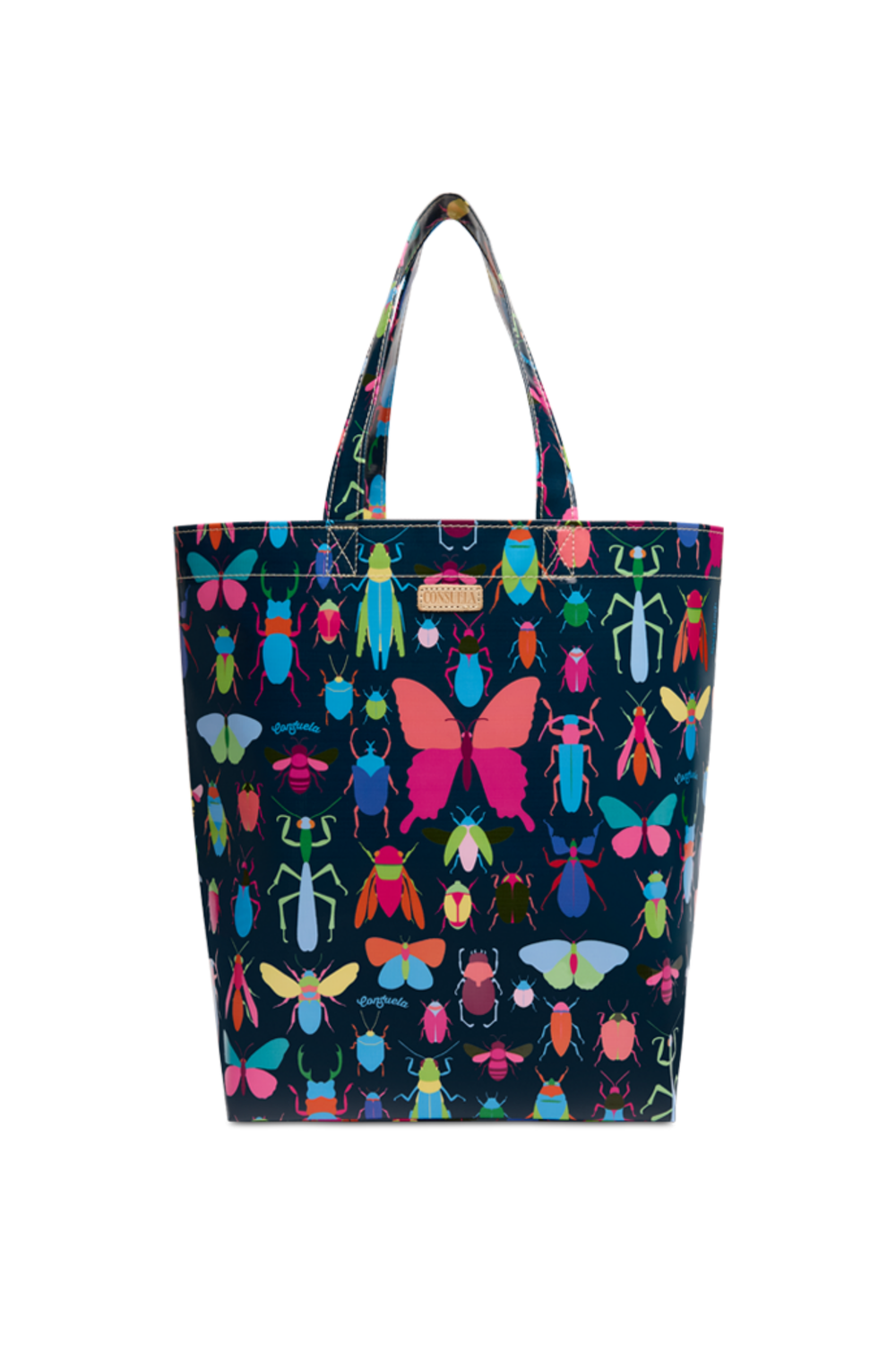 Tote bag with colorful butterfly and insect pattern on a black background