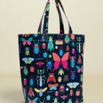 Tote bag with colorful insect pattern on a white background