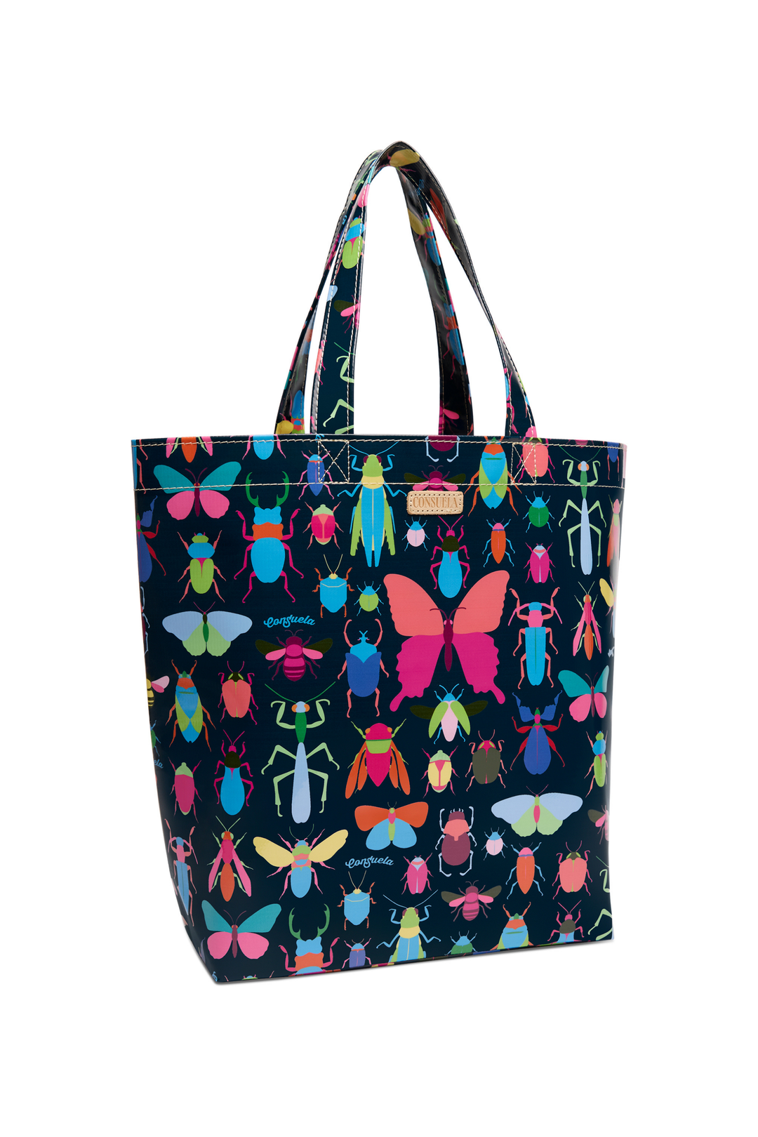 Tote bag with colorful insect pattern on a white background