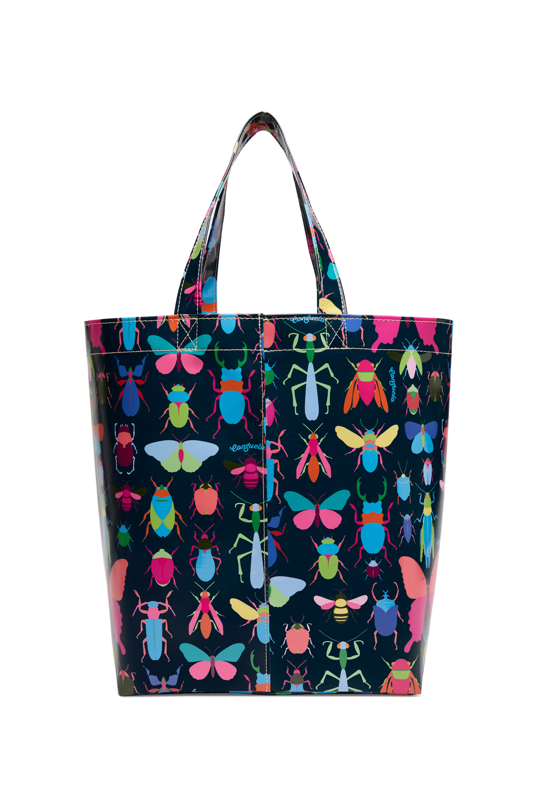 Tote bag with colorful insect pattern on a white background