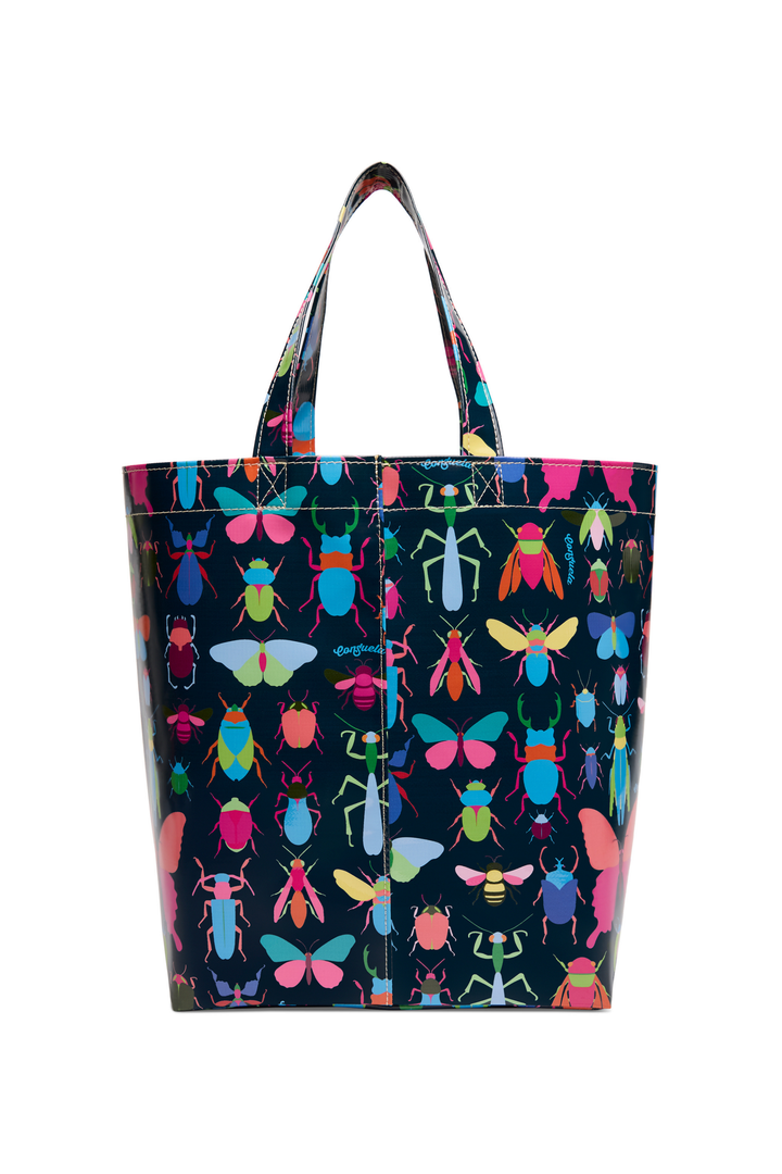 Tote bag with colorful insect pattern on a white background