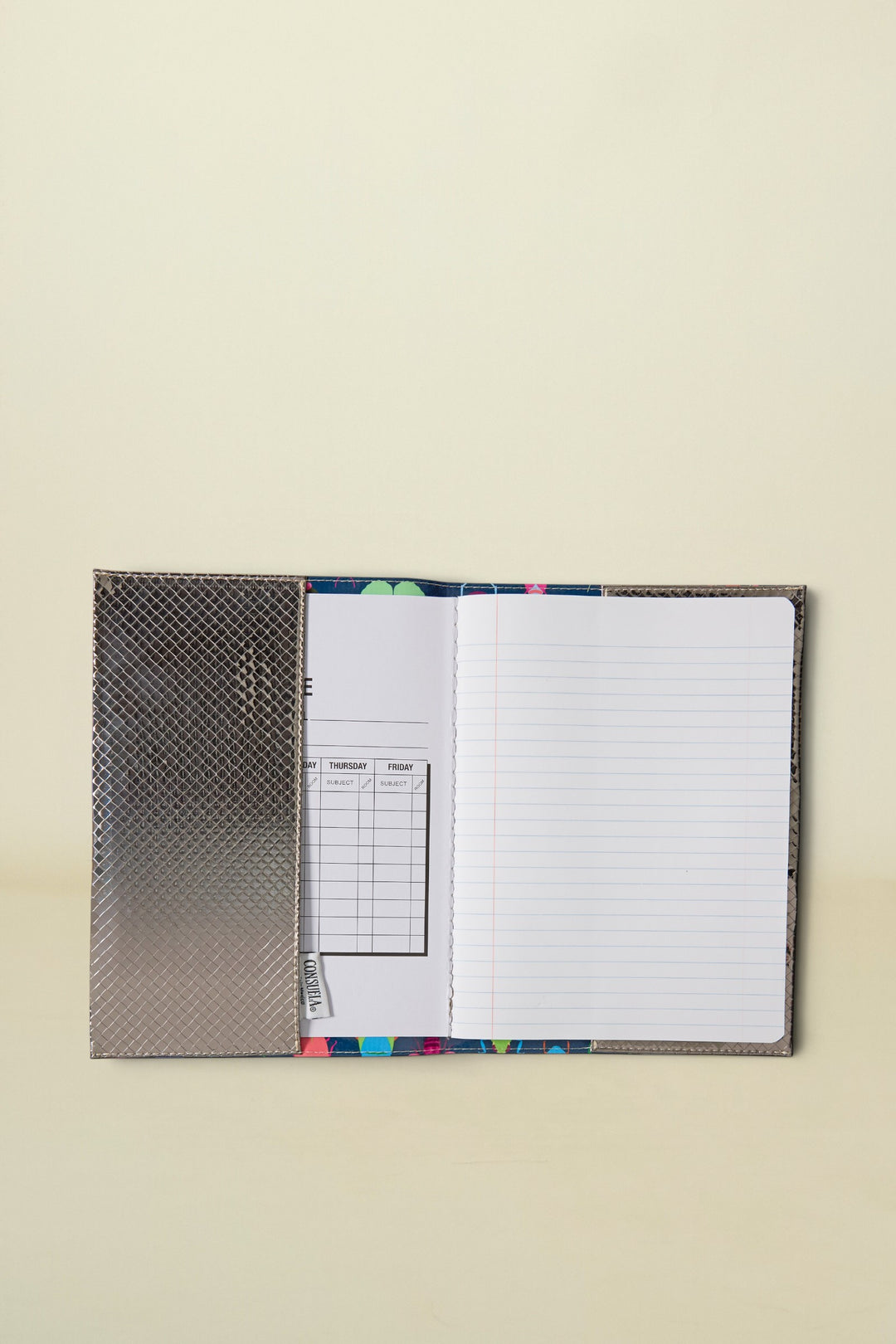 Consuela Gemma Notebook open to a lined page and a schedule page, with a silver textured cover