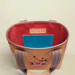 Handbag with floral embroidery and colorful handle on a beige background