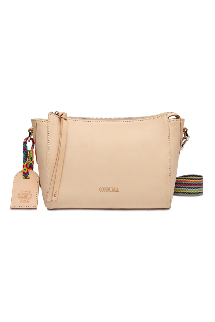 Beige handbag with a colorful strap and tag on a white background