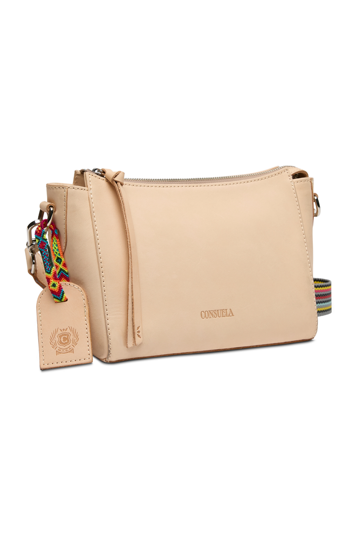 Beige handbag with a colorful strap on a white background