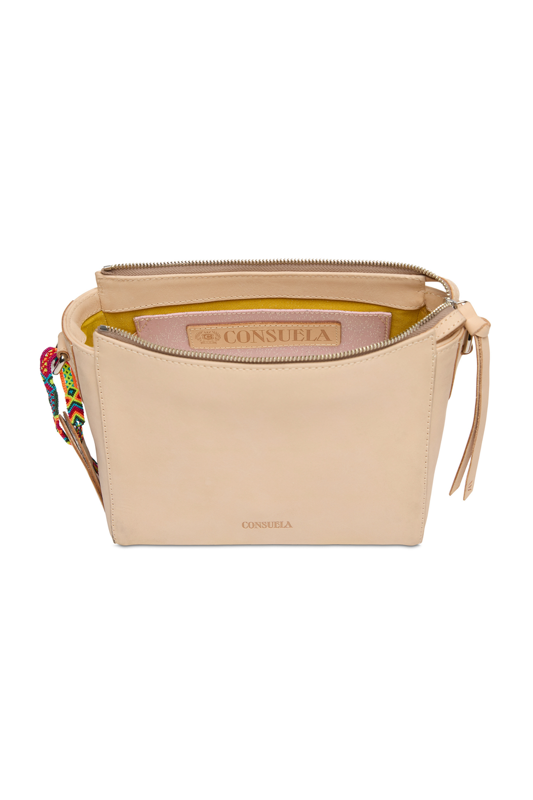 Beige handbag with colorful strap on a white background