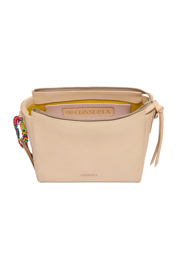 Beige handbag with colorful strap on a white background
