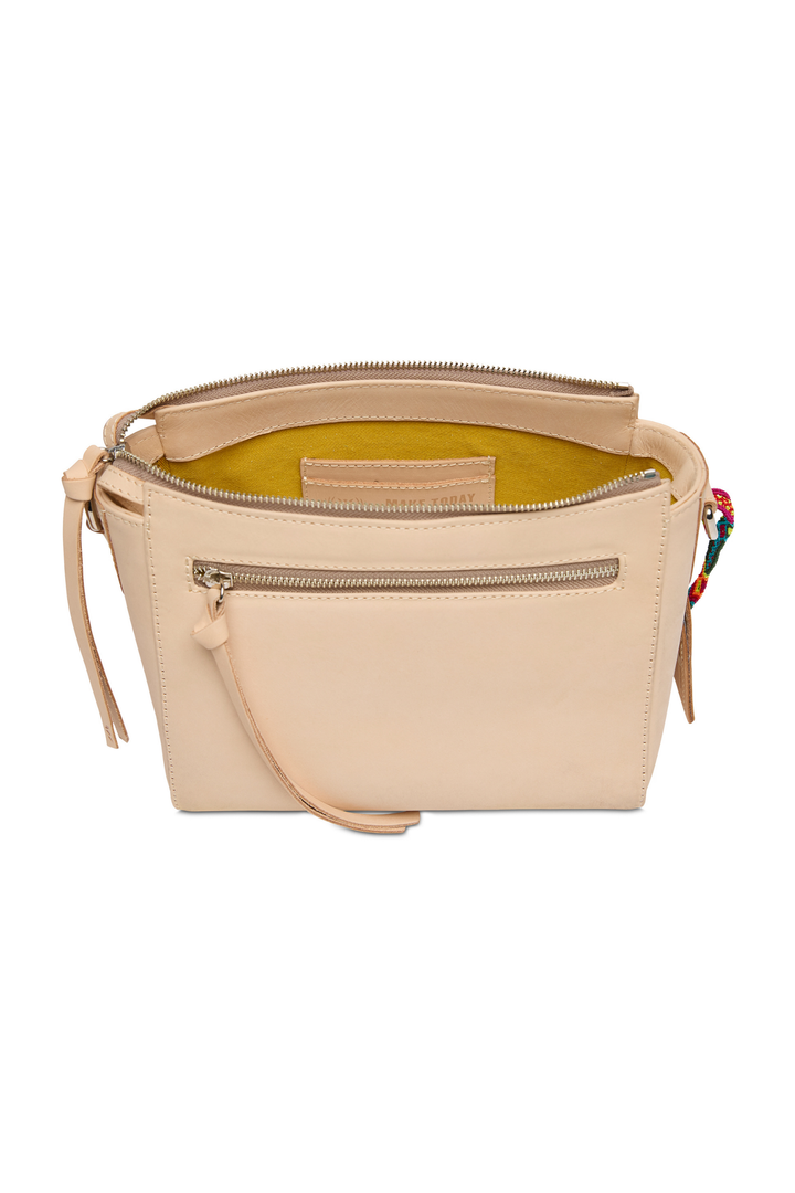 Beige handbag with a zipper on a white background