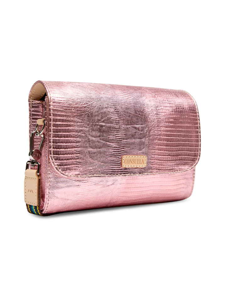 Pink textured handbag with a visible brand logo on a white background