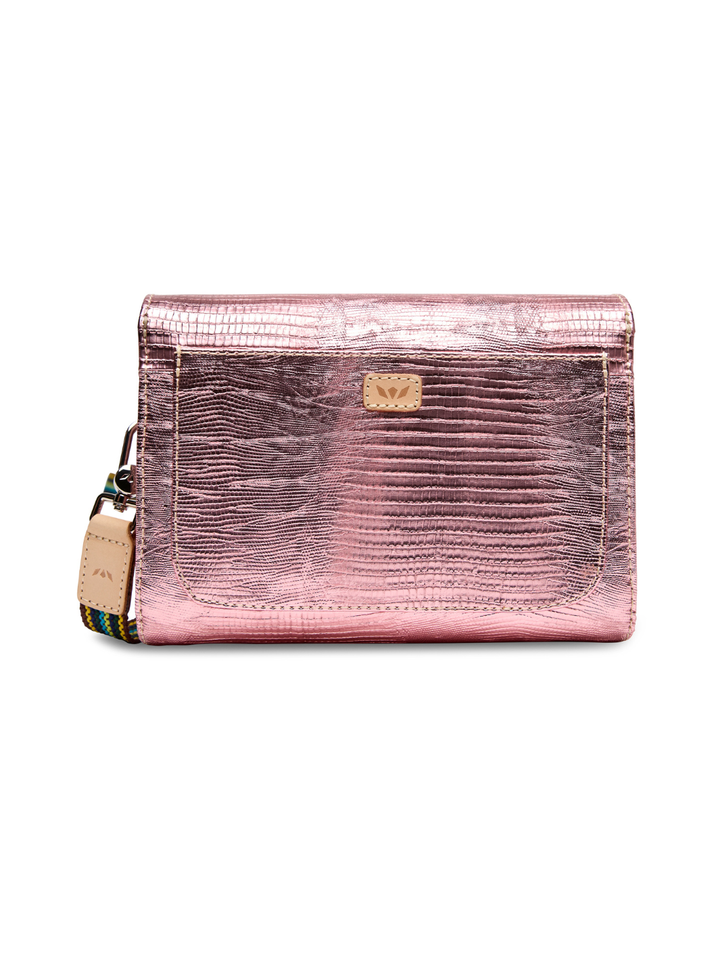 Rose gold clutch bag with a strap on a white background