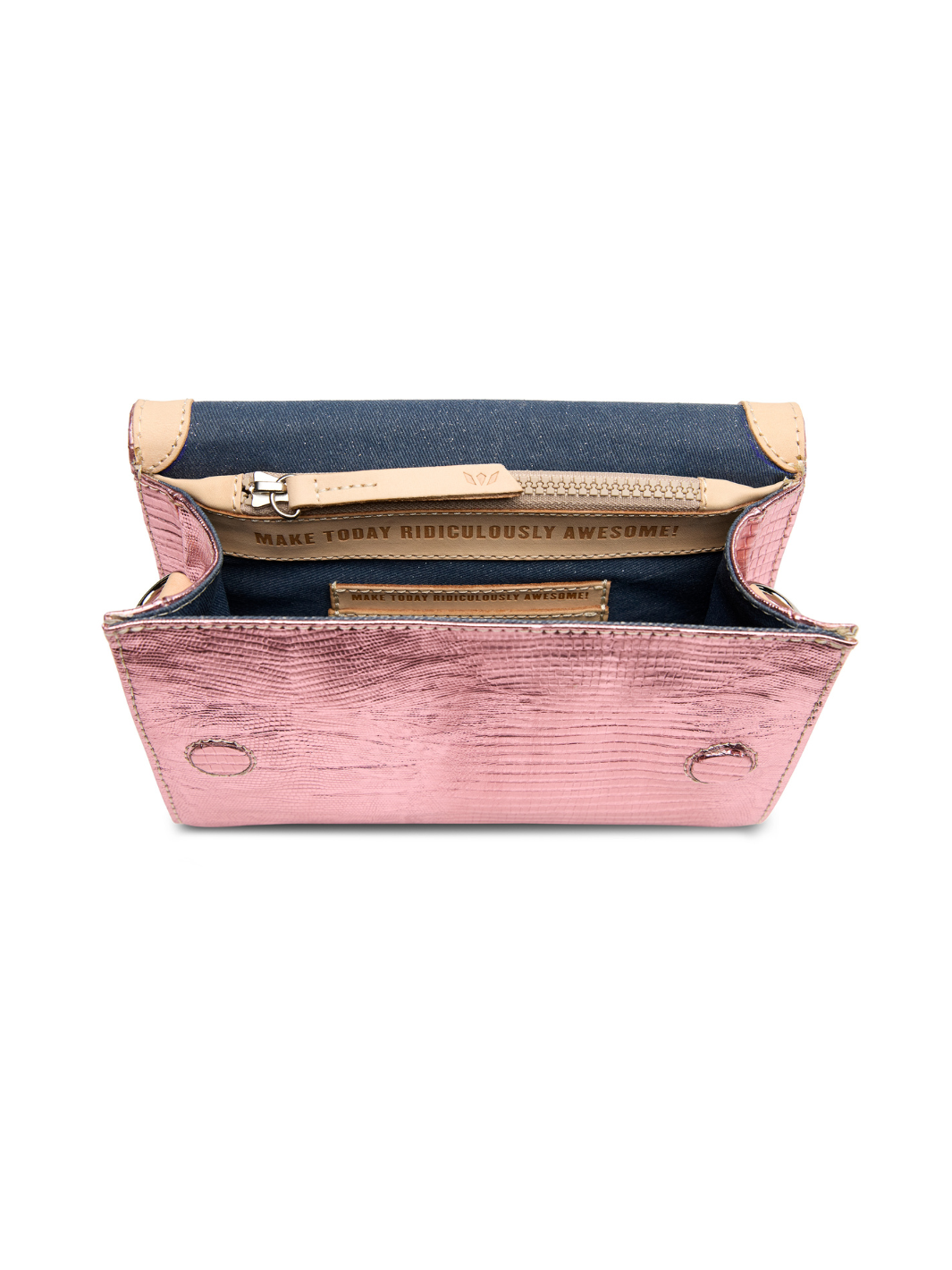 Open pink and navy handbag on a white background