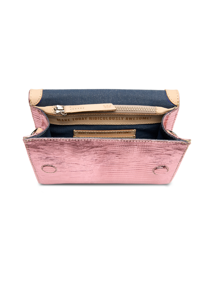 Open pink and navy handbag on a white background