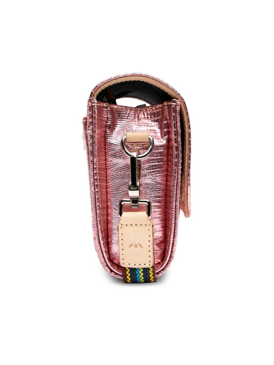 Pink textured handbag with a strap on a white background