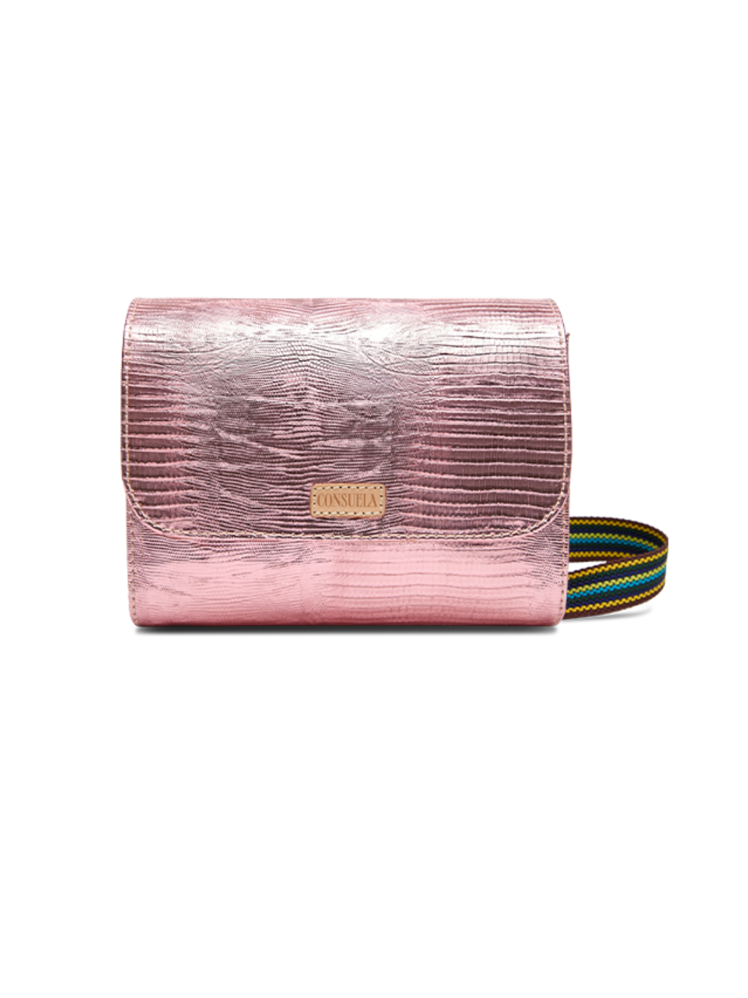 Pink metallic handbag with a colorful strap on a white background