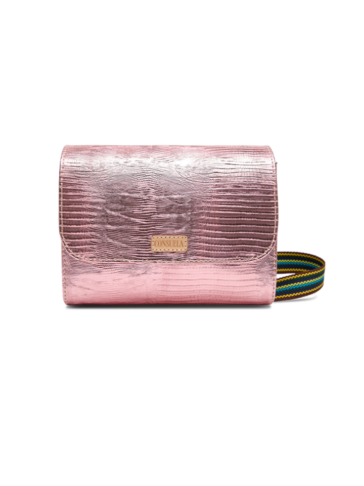 Pink metallic handbag with a colorful strap on a white background