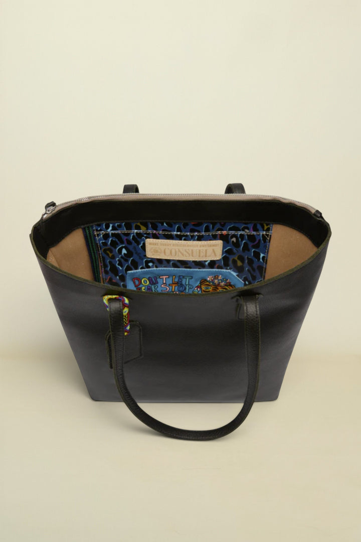 Consuela Evie Market Tote interior view with pocket and consuela diego leather tag