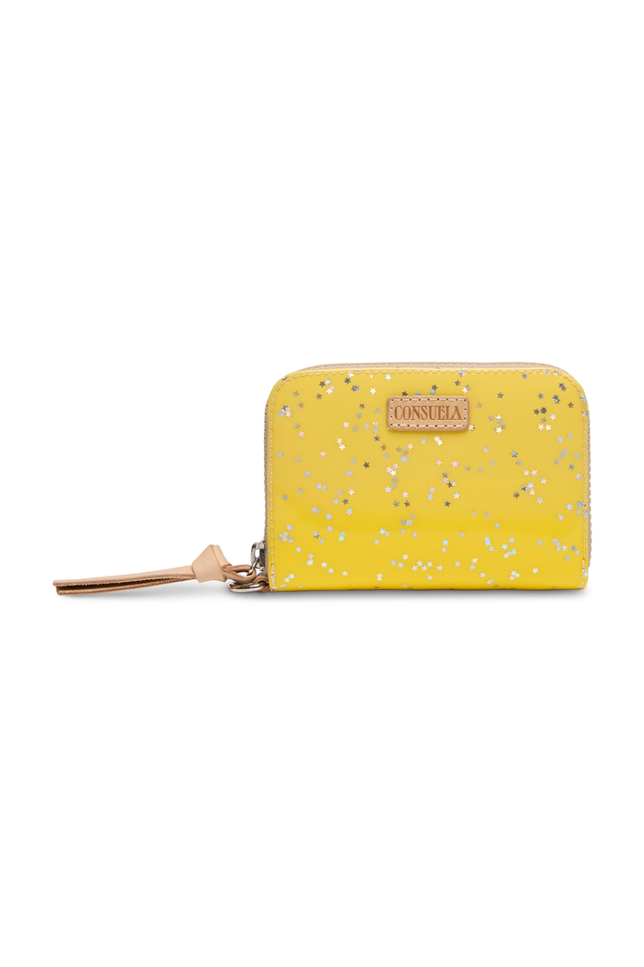 Yellow wallet with floral pattern on a white background