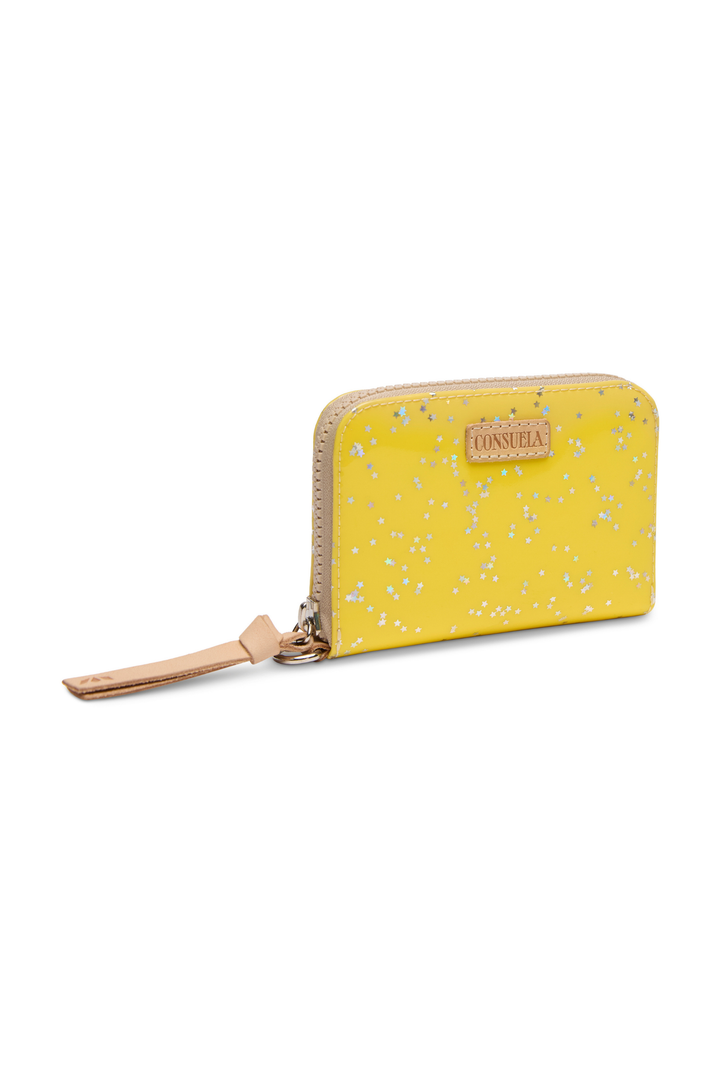 Yellow wallet with floral pattern on a white background