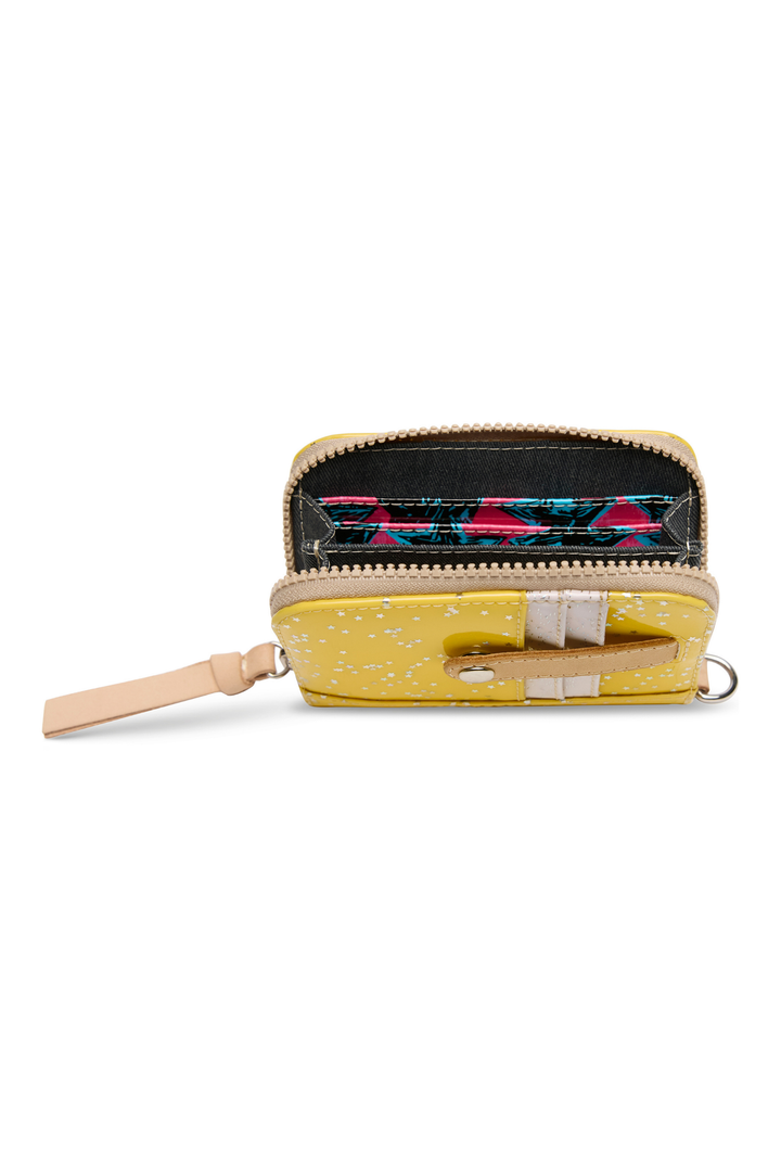 Yellow wallet with a patterned interior on a white background