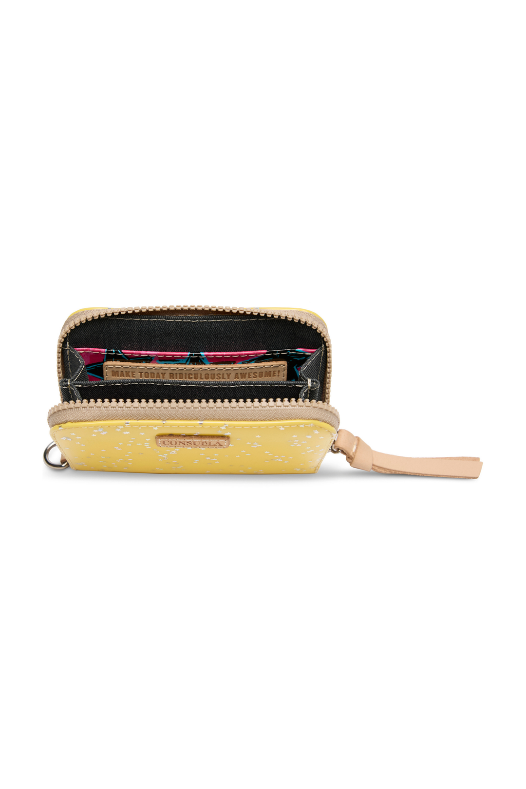 Yellow wallet with open zipper on a white background