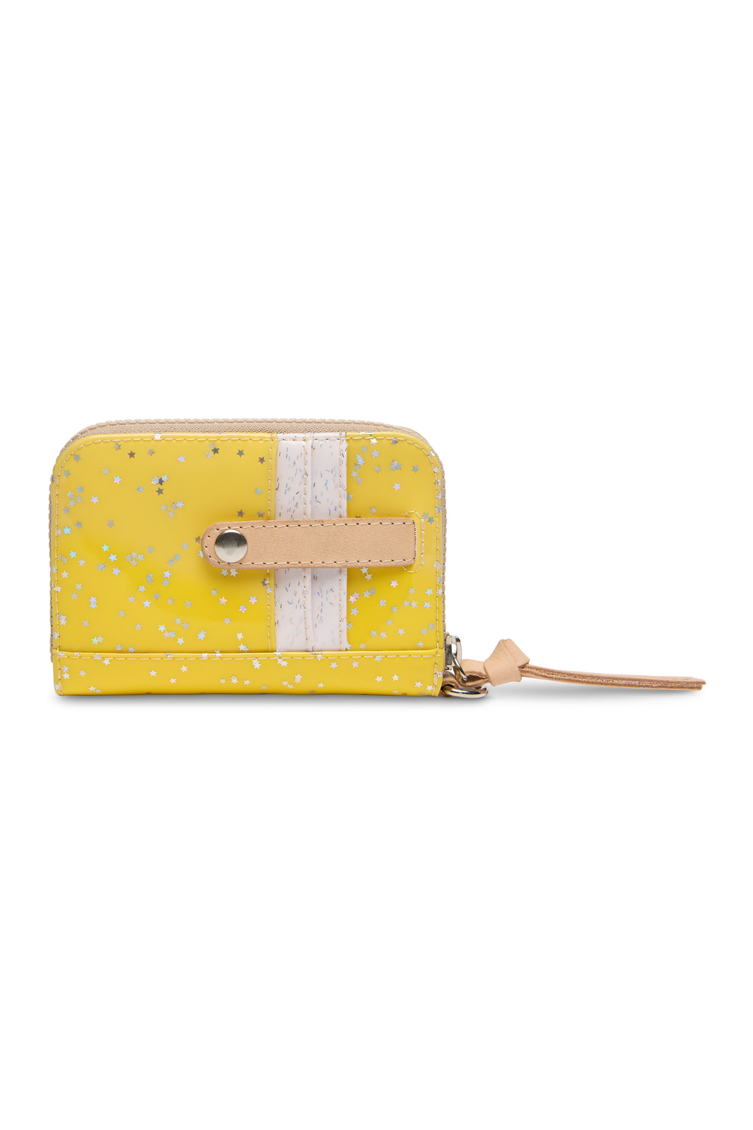 Yellow wallet with white polka dots and a strap on a white background