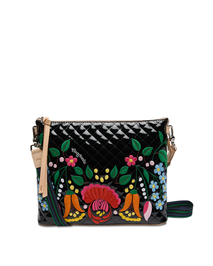 Black handbag with colorful floral embroidery on a white background