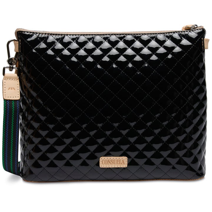 Black quilted handbag with a visible brand logo on a white background